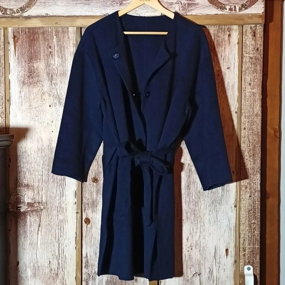 Wool blend Isaac Mirzah Live coat navy snap buttons self tie  belt nwot large